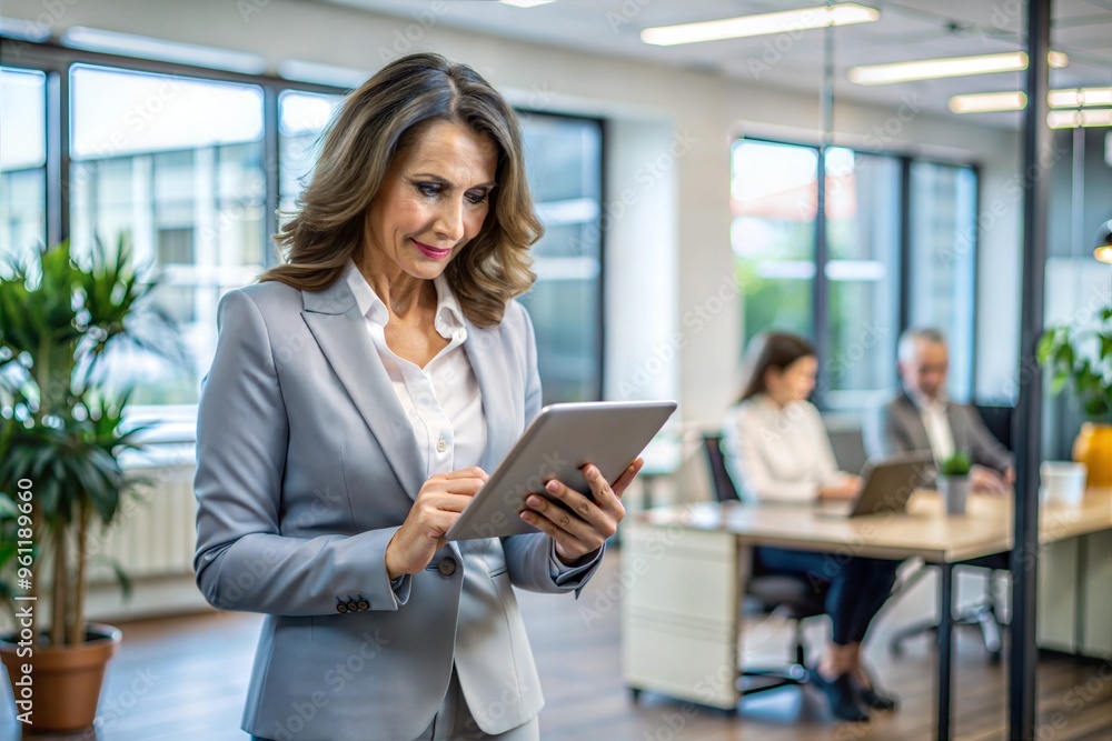 Confident businesswoman using tablet in busy modern office Confident businesswoman using tablet in busy modern office