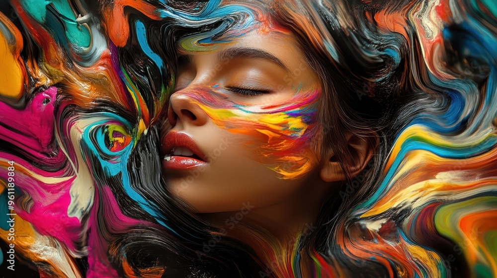 Expressive girl s face in a dynamic collage, with vibrant, swirling colors representing a chaotic mix of joy, wonder, and excitement Expressive girl s face in a dynamic collage, with vibrant, swirling colors representing a chaotic mix of joy, wonder, and excitement
