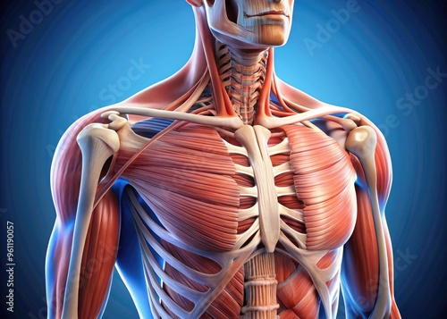 Detail of the human shoulder anatomy, showcasing the skeletal structure, muscles, tendons, and ligaments, highlighting the complex yet dynamic functionality of this vital joint system. photo