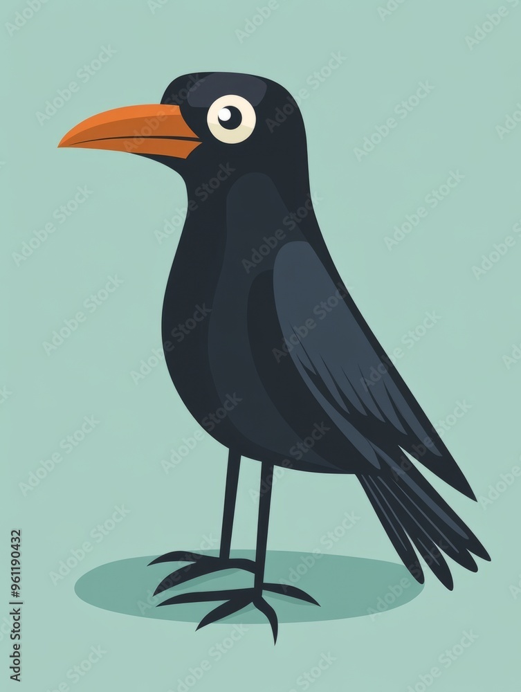 Fototapeta premium A cartoon raven with a bright orange beak against a soft green background, ideal for playful and whimsical designs.