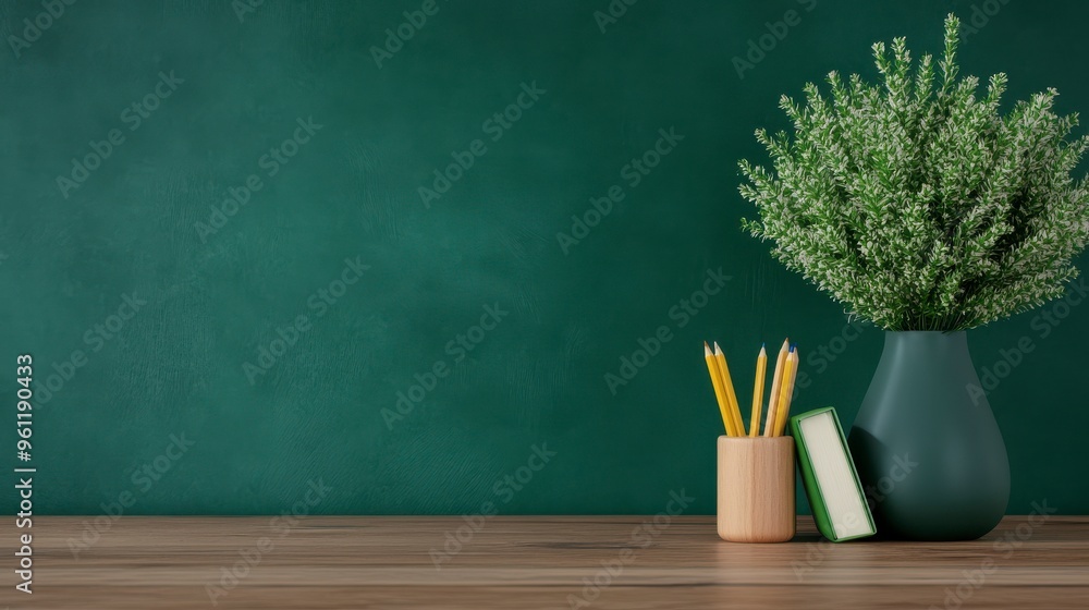 A minimalist workspace featuring a green wall, a vase with flowers, pencils, and a book on a wooden surface. A minimalist workspace featuring a green wall, a vase with flowers, pencils, and a book on a wooden surface.