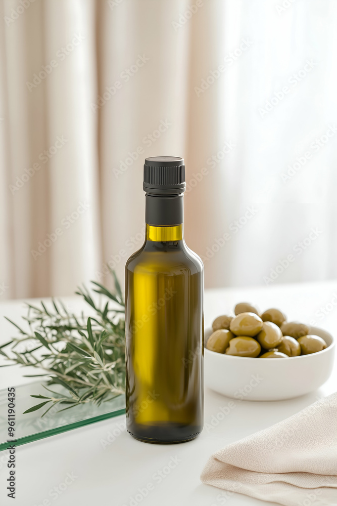 Elegant Olive Oil Bottle with Blank Label Beside Bowl of Olives Elegant Olive Oil Bottle with Blank Label Beside Bowl of Olives