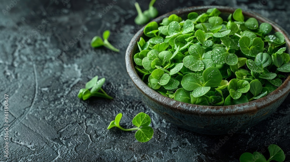 Pea sprouts in a bowl on a dark background, top view Pea sprouts in a bowl on a dark background, top view