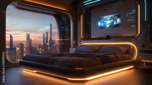 Futuristic Cityscape with Illuminated Skyscrapers and Sci Fi Bedroom Interior