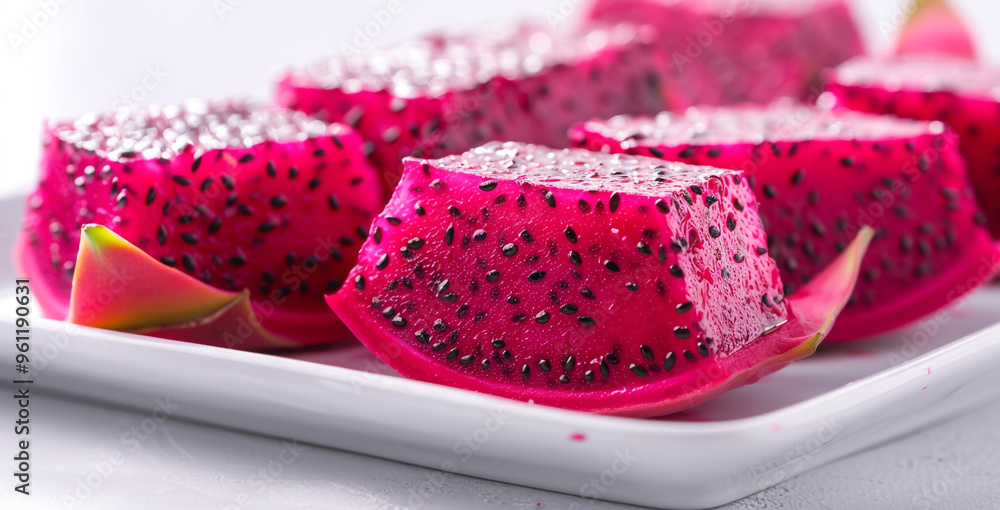 Cut the dragon fruit and place it on a white plate Cut the dragon fruit and place it on a white plate