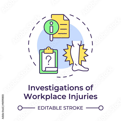 Workplace injuries investigation multi color concept icon. Medical report, worker illness. Round shape line illustration. Abstract idea. Graphic design. Easy to use in infographic, presentation