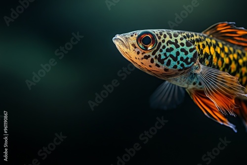 Mystic portrait of Leopard Guppy Fish, copy space on right side, Close-up View, isolated on black background