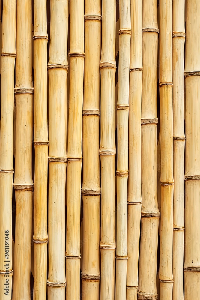 Fototapeta premium Close-up of bamboo sticks arranged vertically, showcasing their natural textures and golden hues.