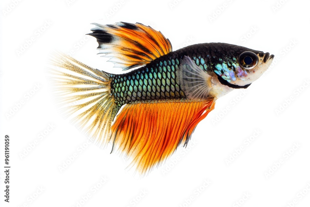 the beside view Tuxedo Guppy Fish, left side view, white copy space on right, Isolated on White Background the beside view Tuxedo Guppy Fish, left side view, white copy space on right, Isolated on White Background
