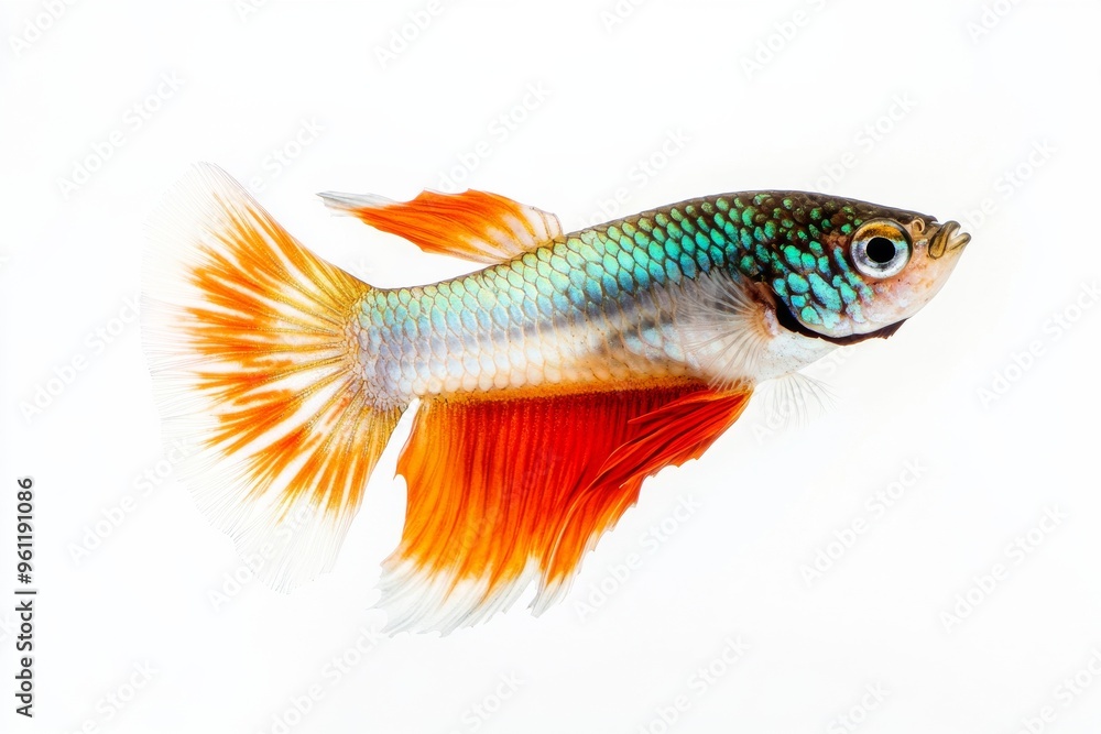the beside view Tuxedo Guppy Fish, left side view, white copy space on right, Isolated on White Background the beside view Tuxedo Guppy Fish, left side view, white copy space on right, Isolated on White Background