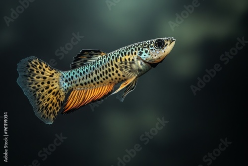 the beside view Leopard Guppy Fish, left side view, white copy space on right, Isolated on dark Background