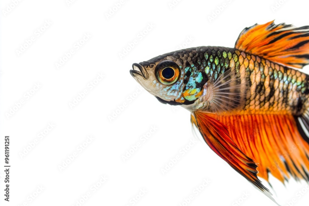 Mystic portrait of Tuxedo Guppy Fish in studio, copy space on right side, Close-up View, isolated on white background Mystic portrait of Tuxedo Guppy Fish in studio, copy space on right side, Close-up View, isolated on white background