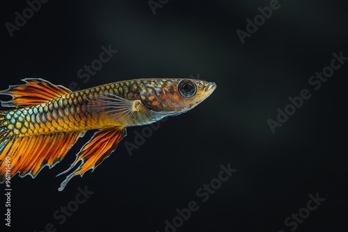 the beside view Snakeskin Guppy Fish, left side view, white copy space on right, Isolated on dark Background