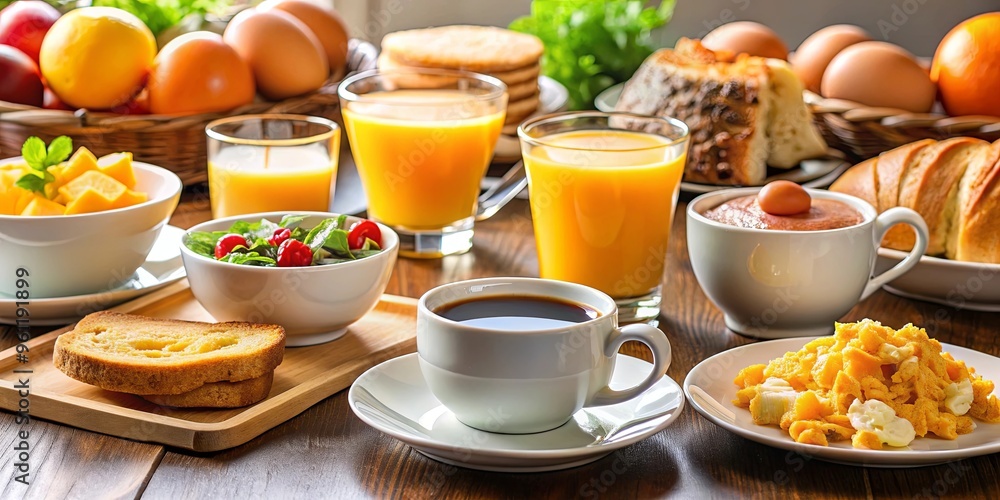 Breakfast spread at hotel restaurant with coffee, orange juice, and eggs Breakfast spread at hotel restaurant with coffee, orange juice, and eggs