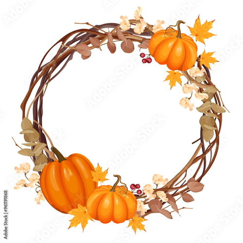 This vector illustration showcases a circular autumn wreath decorated with pumpkins, fall leaves, branches, and small berries, ideal for creating festive banners, invitations, or seasonal designs.