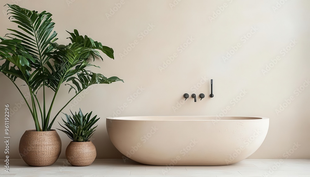 Stylish bathroom featuring a modern tub, minimal decor, and lush greenery for a tranquil, spa-like atmosphere. Stylish bathroom featuring a modern tub, minimal decor, and lush greenery for a tranquil, spa-like atmosphere.