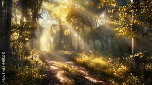 Morning in the autumn forest with sunbeams