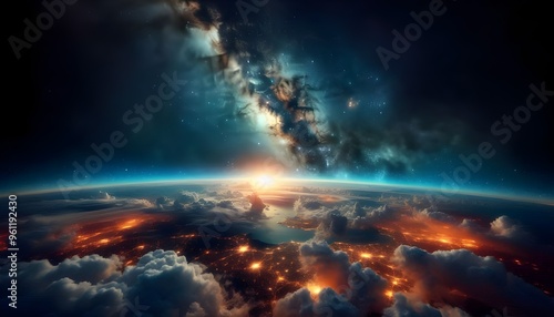 Stunning View of Stars and Milky Way Above Earth Glow at Night from Space Showing Cloud Formations and City Lights, Perfect for Inspirational and Educational Purposes 