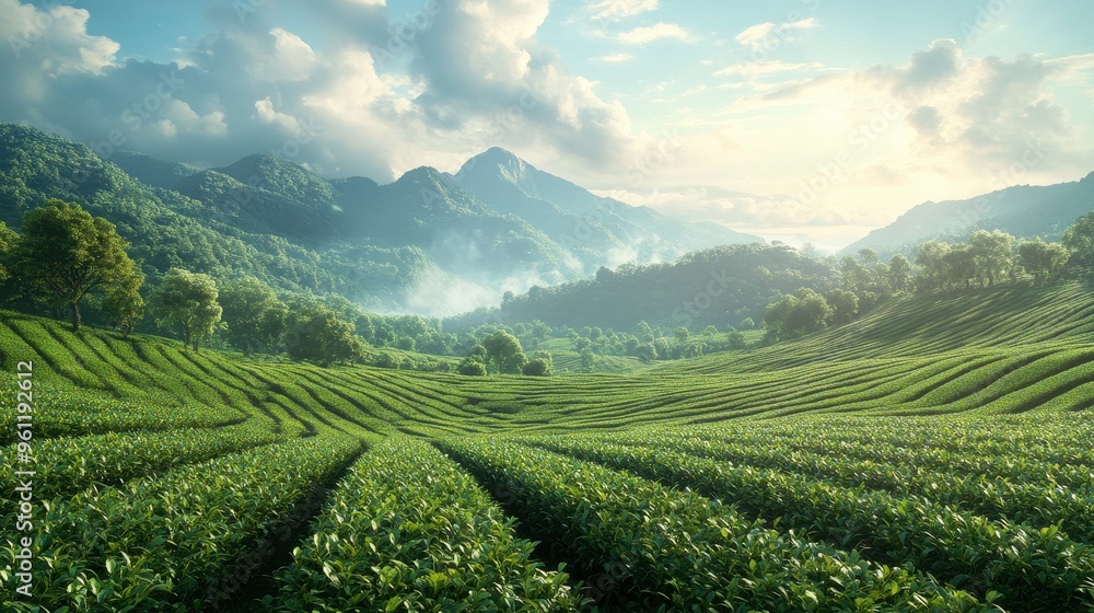 Organic tea plantation, lush green fields of tea leaves, 3D illustration Organic tea plantation, lush green fields of tea leaves, 3D illustration