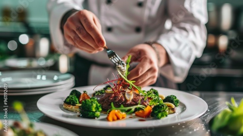 Chef Perfectly Presenting a Vibrant Dish with Fresh Vegetables and Artful Garnishes photo