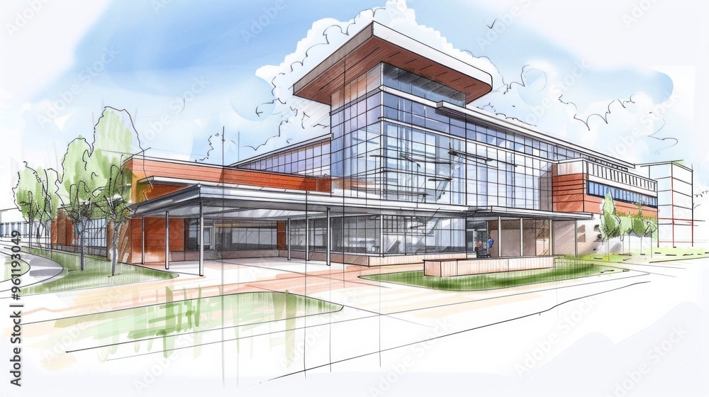 Pencil sketch, blueprint Exterior view of a typical American school