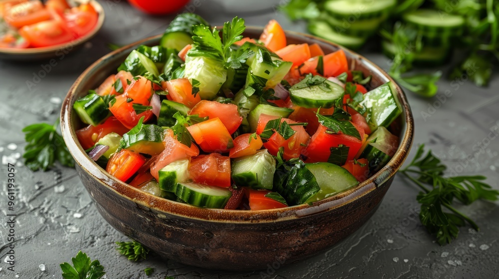 shirazi salad with cucumber and tomato served in dish isolated on grey background top view shirazi salad with cucumber and tomato served in dish isolated on grey background top view