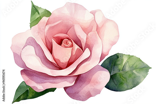 Delicate pink rose symbolizing love and beauty, surrounded by green leaves, showcasing intricate watercolor details.