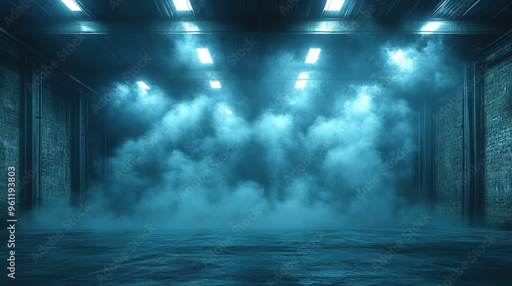 Foggy Industrial Interior with Blue Lighting Foggy Industrial Interior with Blue Lighting