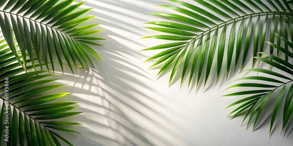 Tropical palm leaf shadow background with flat lay arrangement Tropical palm leaf shadow background with flat lay arrangement