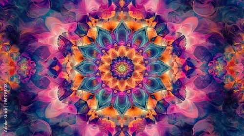 Colorful mandala art with a complex pattern of vibrant colors and intricate details.