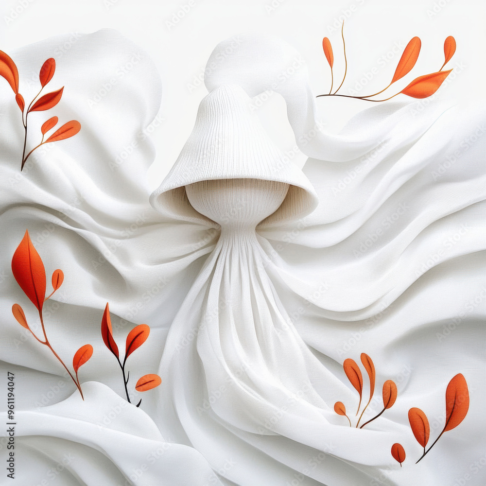 Obraz premium A whimsical figure draped in flowing white fabric, surrounded by vibrant orange leaves, creates serene and artistic atmosphere.