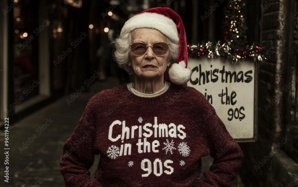 Nostalgic Christmas Vibes with Elderly Woman in Santa Hat and 90s Sweater on Festive Cobblestone Street Nostalgic Christmas Vibes with Elderly Woman in Santa Hat and 90s Sweater on Festive Cobblestone Street