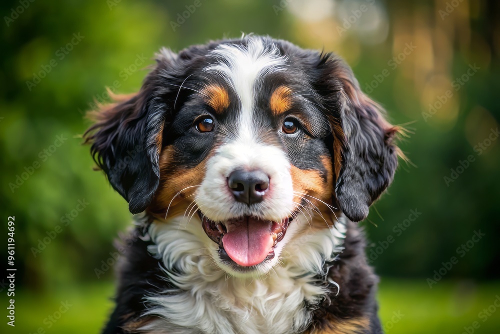 Fluffy tri-color Bernedoodle puppy emits a joyful grin, showcasing adorable floppy ears and a playful demeanor that melts hearts everywhere. Fluffy tri-color Bernedoodle puppy emits a joyful grin, showcasing adorable floppy ears and a playful demeanor that melts hearts everywhere.