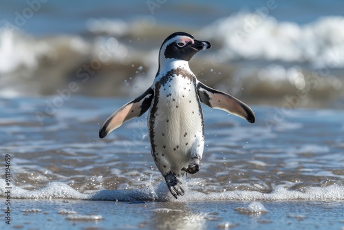 Penguin Walking on Two Legs Near the Ocean with Orange Feet and Black Face, Vibrant Colors photo