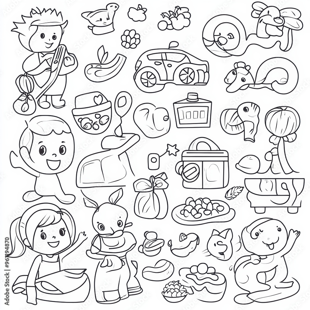 Coloring book page featuring various playful characters and objects, perfect for toddlers to enjoy and express creativity. Coloring book page featuring various playful characters and objects, perfect for toddlers to enjoy and express creativity.