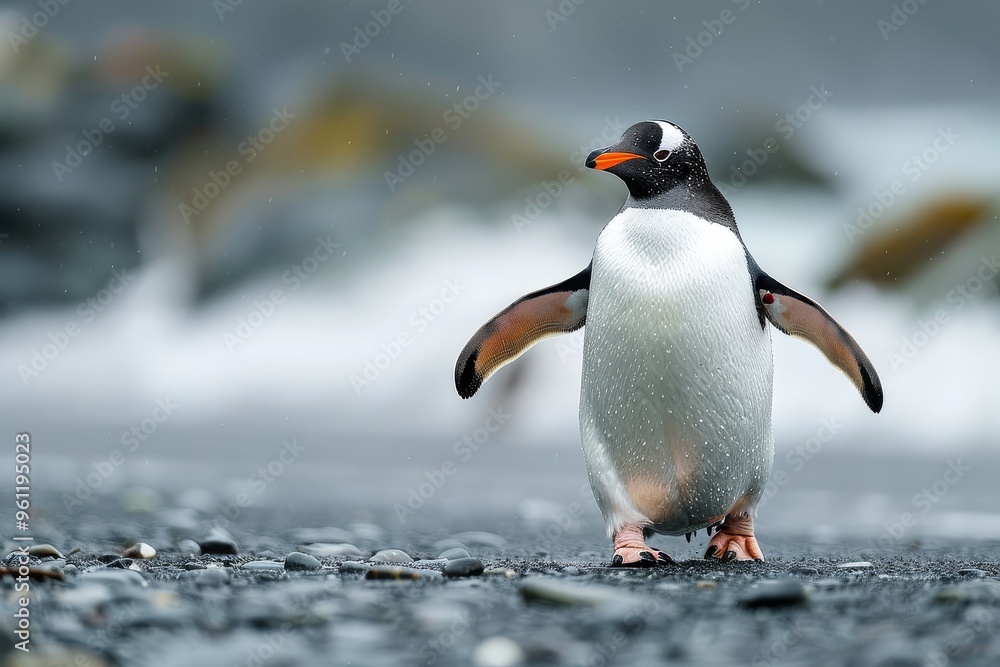 Naklejka premium Penguin Walking on Two Legs Near the Ocean with Orange Feet and Black Face, Vibrant Colors