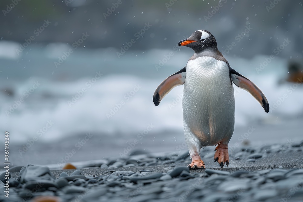 Obraz premium Penguin Walking on Two Legs Near the Ocean with Orange Feet and Black Face, Vibrant Colors