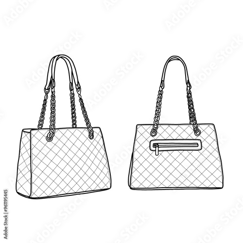 Puffy handbag for women, quilted down padded satchel bag, shoulder bag for shopping, and travel line art. Outline vector doodle illustration front and back view. Isolated on white background