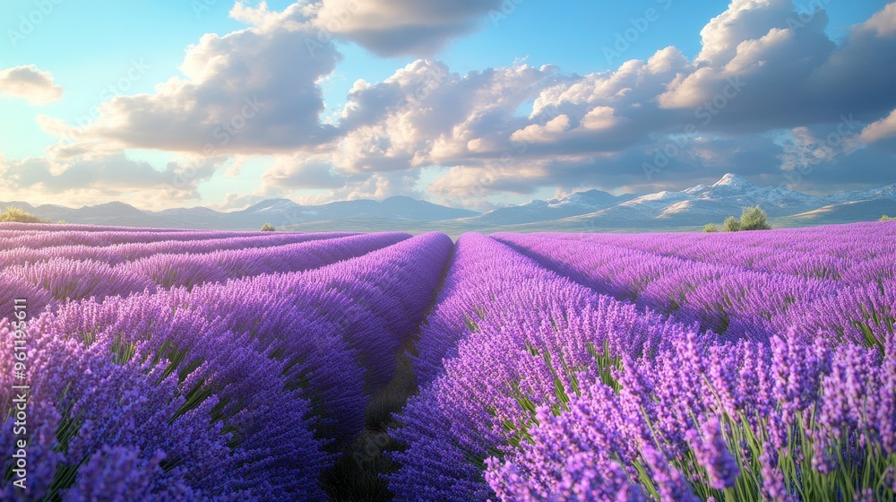 Obraz premium Organic lavender field, rows of purple flowers under a blue sky, 3D illustration