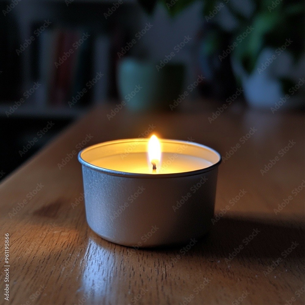 A white tea light candle in an aluminum cup glowing softly in a dark room during a power outage, providing essential light. The scene highlights the candle's role in offering warmth and illumination i A white tea light candle in an aluminum cup glowing softly in a dark room during a power outage, providing essential light. The scene highlights the candle's role in offering warmth and illumination i