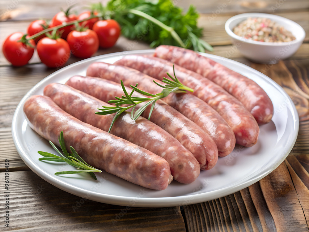 meat cheese sausages on a white ceramic plate, dill greens and cherry tomatoes meat cheese sausages on a white ceramic plate, dill greens and cherry tomatoes