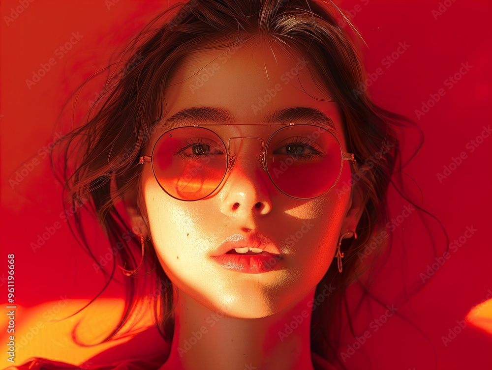 A young woman with long brown hair and sunglasses looks at the camera, bathed in warm sunlight. A young woman with long brown hair and sunglasses looks at the camera, bathed in warm sunlight.