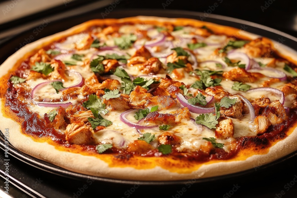 A BBQ chicken pizza topped with red onions, cilantro, and mozzarella, fresh out of the oven A BBQ chicken pizza topped with red onions, cilantro, and mozzarella, fresh out of the oven