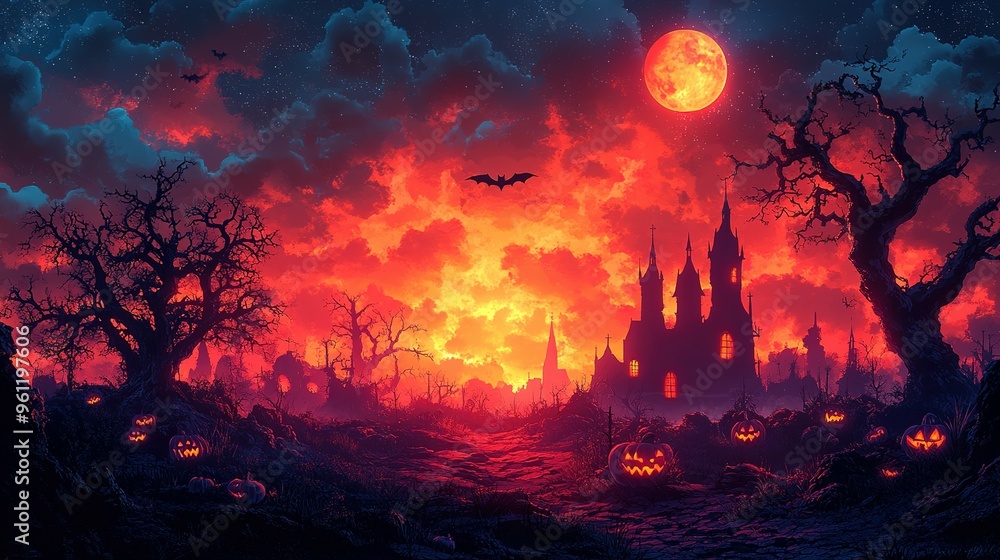 A Spooky Halloween Night with a Blood Red Moon Over a Haunted Castle A Spooky Halloween Night with a Blood Red Moon Over a Haunted Castle