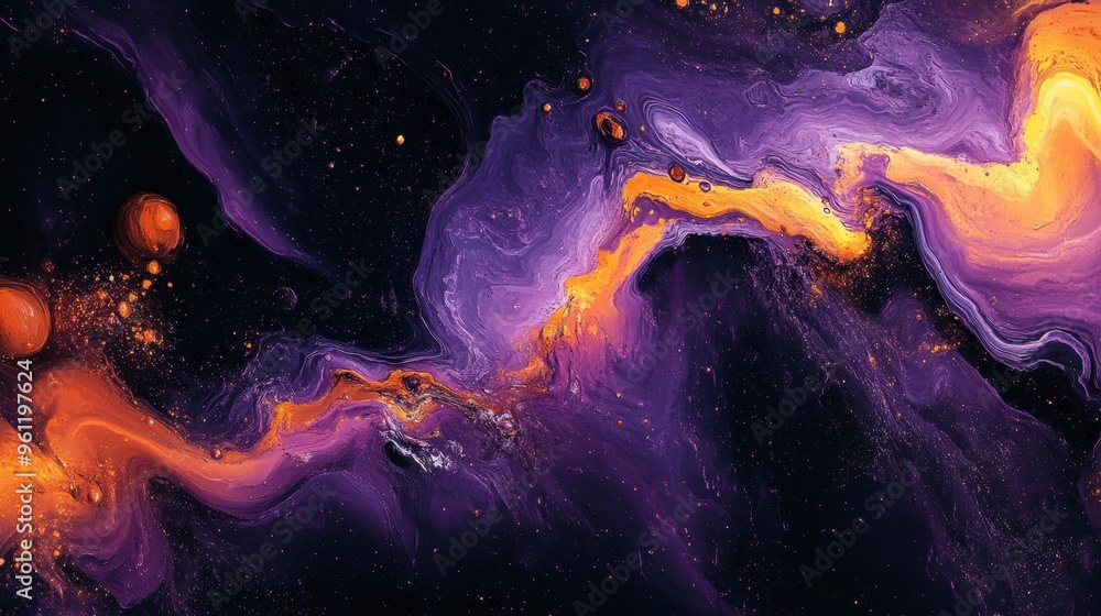 Abstract Purple and Orange Swirls with Glitter on Black Background Abstract Purple and Orange Swirls with Glitter on Black Background