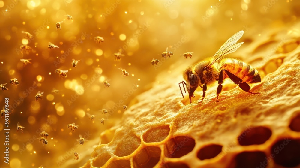 Honeycomb Bee Swarm Close Up Golden Light Nature Honeycomb Bee Swarm Close Up Golden Light Nature