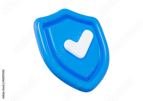 3d blue shield with check mark. Concept of secure protection. Stock vector illustration on isolated background.