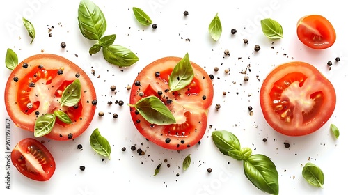 Tomato slices and basil leaves isolated on white background