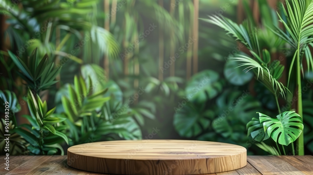 Obraz premium Tropical garden backdrop with wooden podium, green plants, and copy space for organic product promotion.