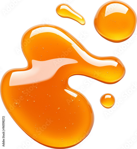 Viscous amber liquid with shiny texture and droplets isolated on transparent background. photo